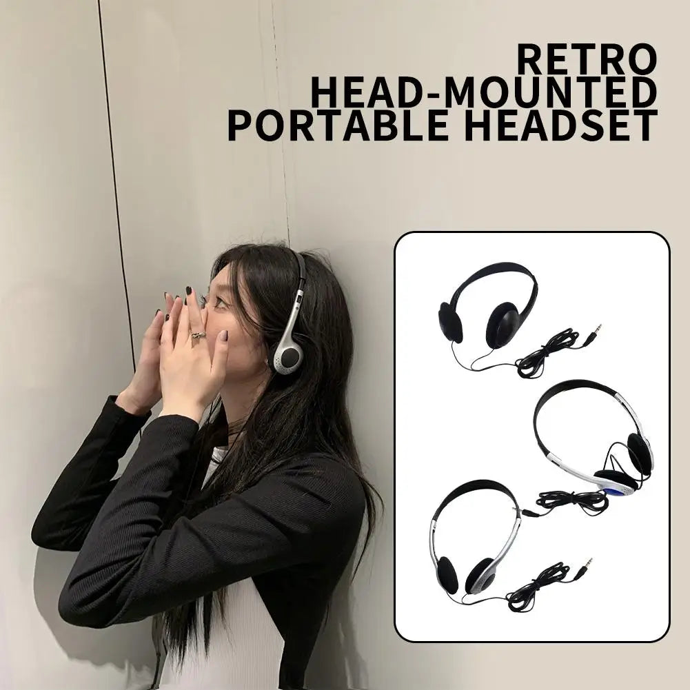 Retro Over-Ear Wired Headphones – Vintage MP3 Headset, Black Retro Wired Headphones Qme