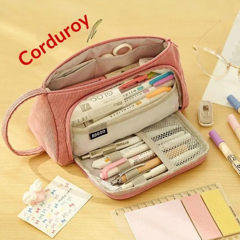 Large Capacity Corduroy Pencil Case – Multi-Layer Pen Storage Pencil Case Qme