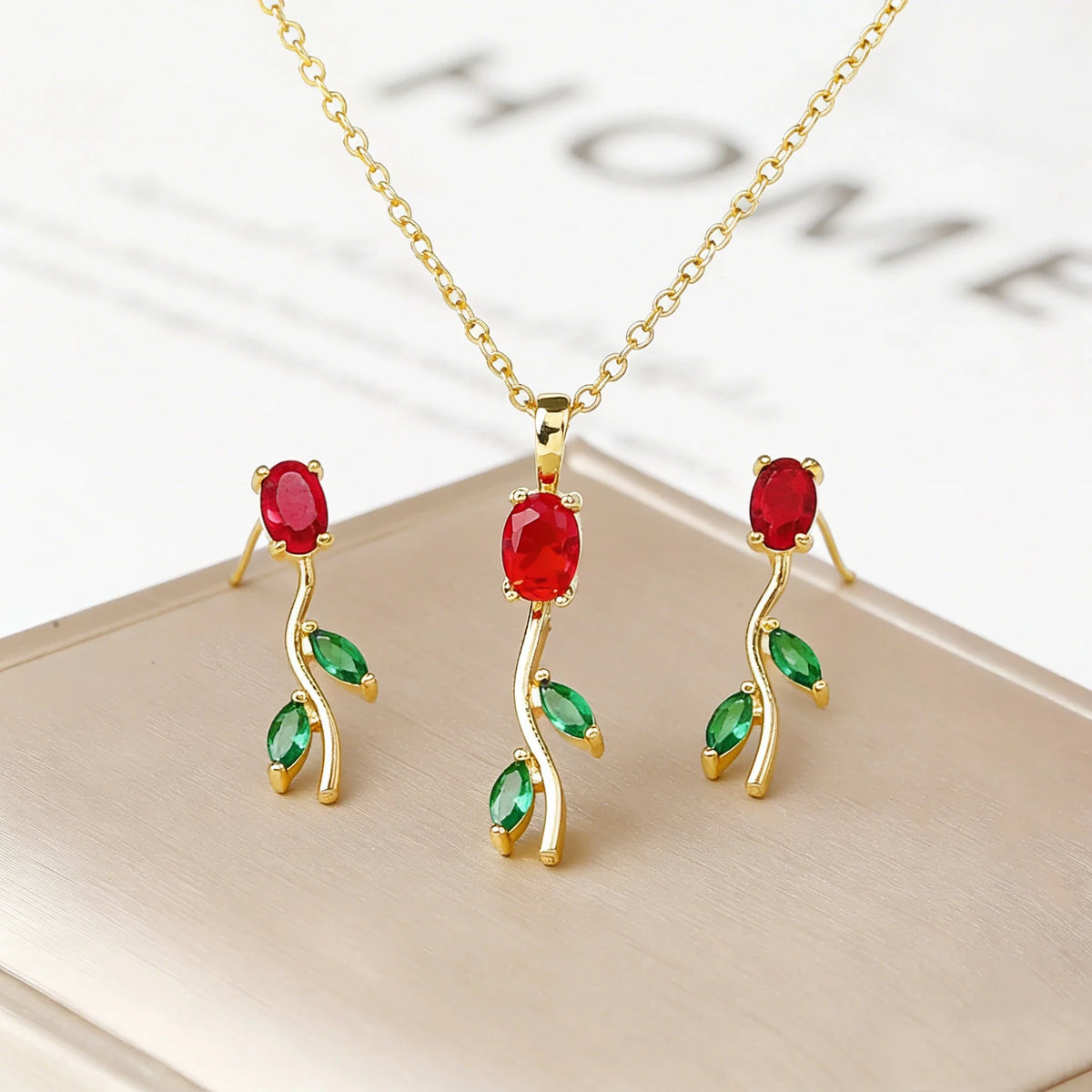 Rose Flower Crystal Necklace & Earrings Set | 9 Colors Crystal Jewelry Set Qme