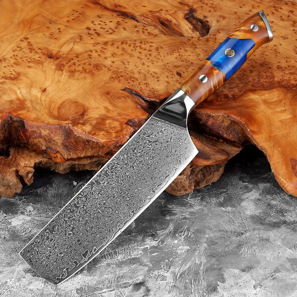 7.5" Damascus Steel Cleaver Knife – Stabilized Wood Handle Damascus Cleaver Knife Qst