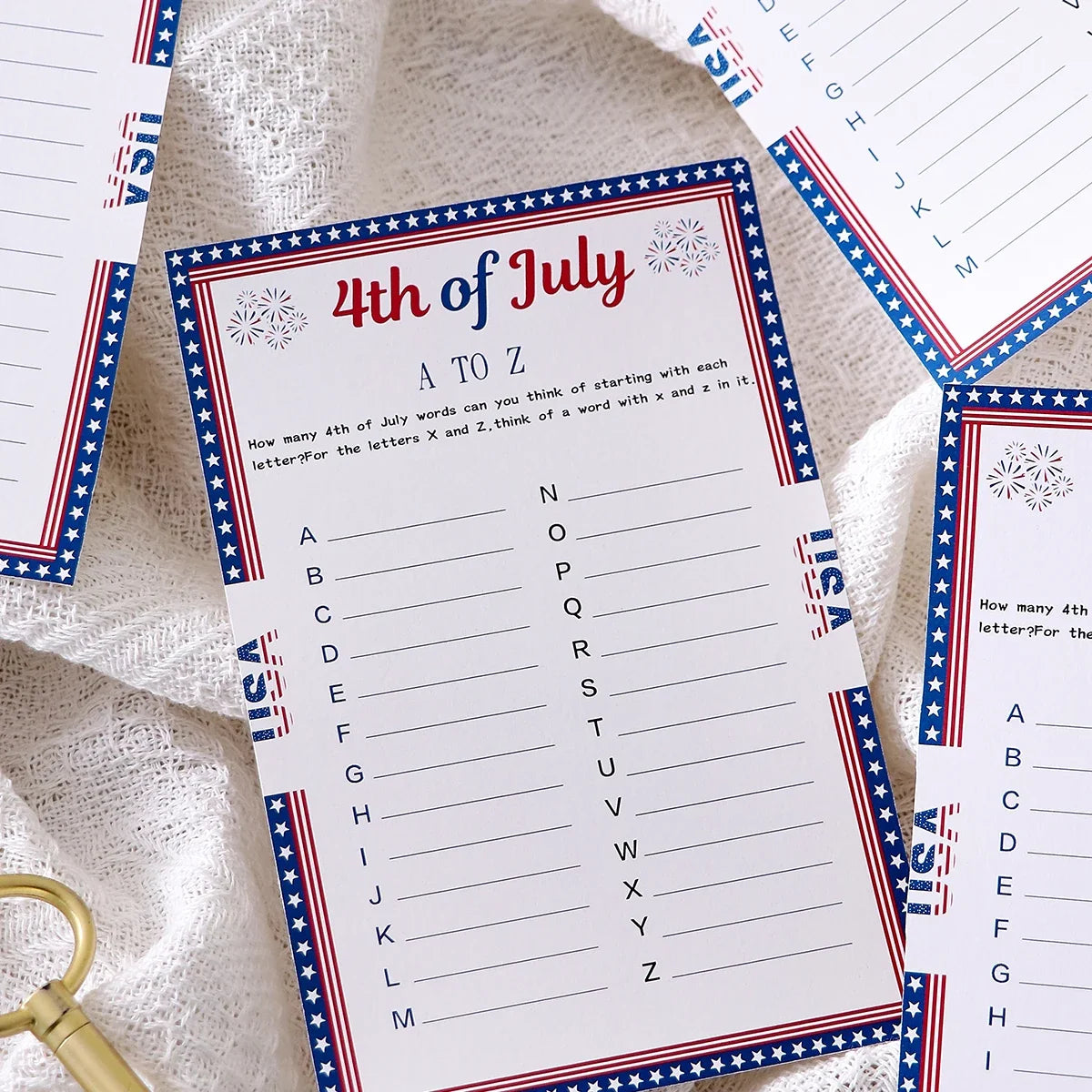 Independence Day A–Z Game Cards with Star Borders | Qme Party Game Cards Qme