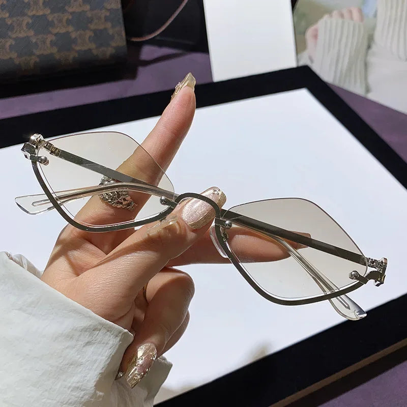 Women's Metal Half Frame Diamond Sunglasses – 8 Lens Colors Fashion Sunglasses Qme JF