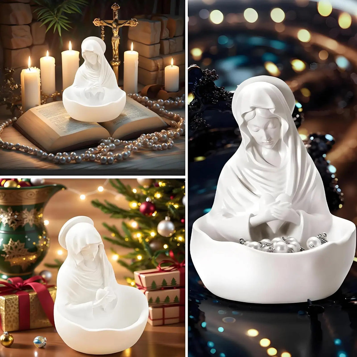 Mother Mary Statue & Rosary Holder – Holy Virgin Resin Figure Religious Figurine Qme