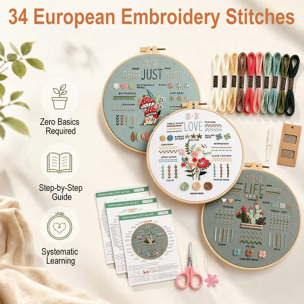 Beginner Embroidery Kit – Stamped Floral Patterns & Full Tool Set Embroidery Starter Kit Qst