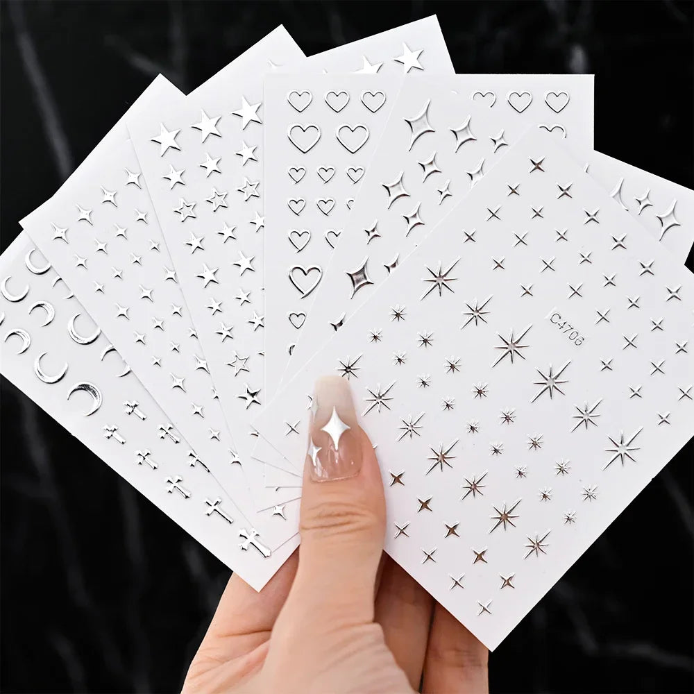 6 Sheets Metallic 3D Star Nail Art Stickers – Silver Decals Nail Art Stickers Qme