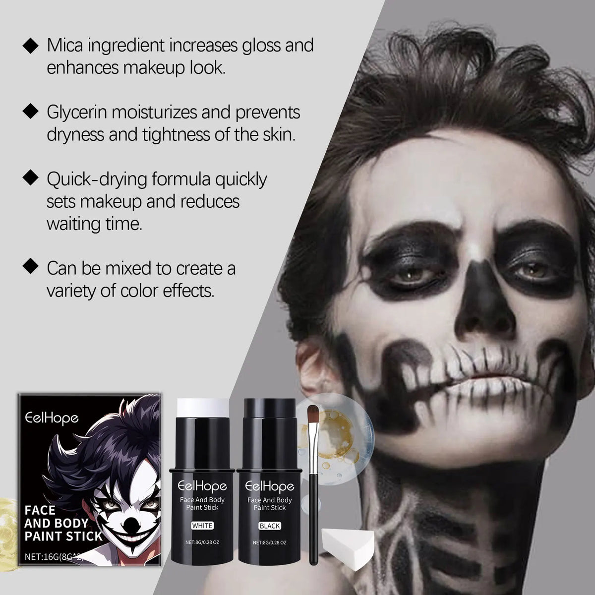 Halloween Face & Body Paint – Black & White Full Coverage Kit Halloween Face Paint Qme