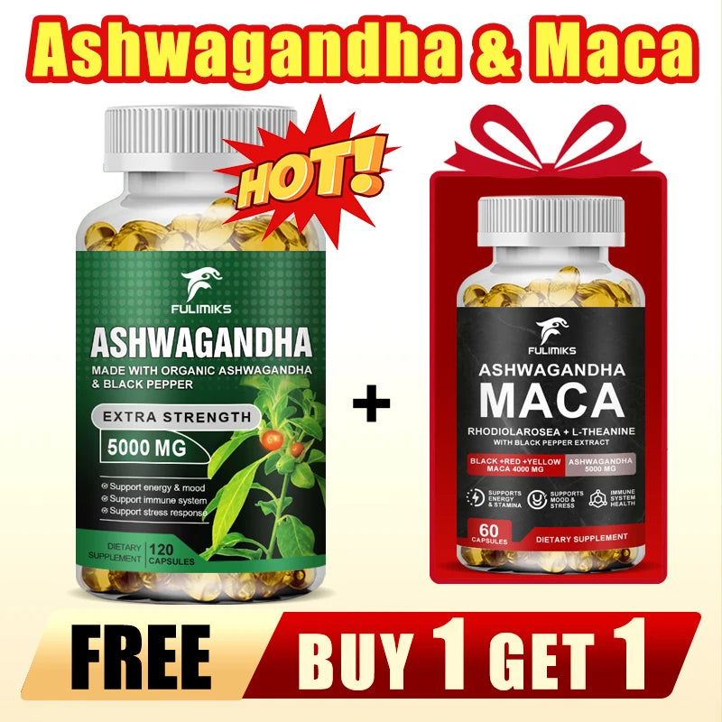 Ashwagandha KSM-66 5000mg + MACA Capsules | Focus & Energy Herbal Supplement Qst