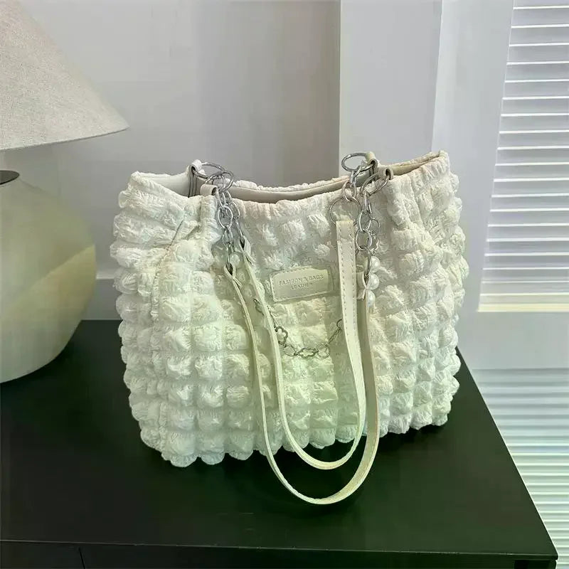 Bubble Textured Tote Bag with Pearl Chain – Large Capacity Tote Bag Qme