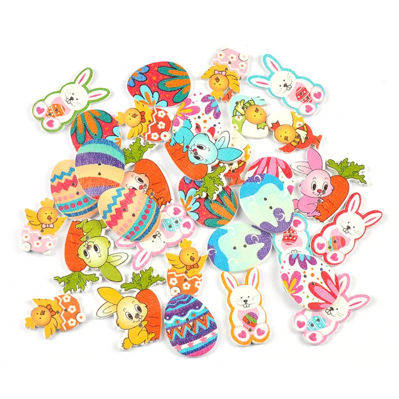 Easter Egg & Bunny Wooden Buttons – 25pc Mixed DIY Craft Set Wooden Craft Buttons Qme