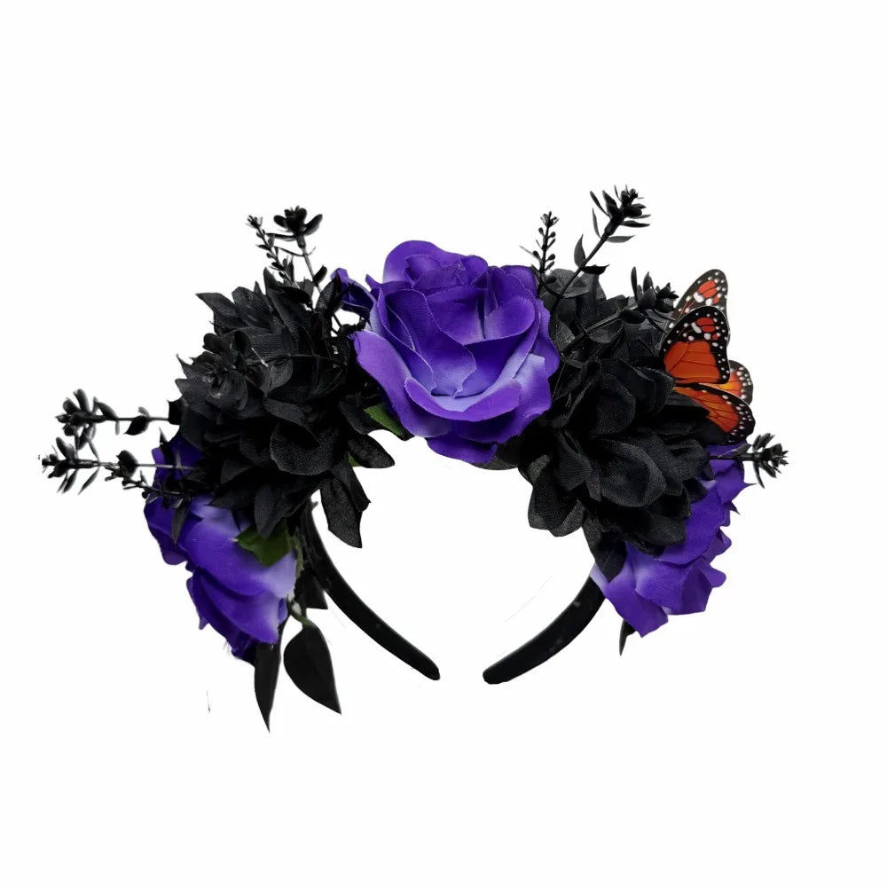 Gothic Rose Flower Crown with Butterfly – Halloween Headband Flower Crown Headband Qme Style C