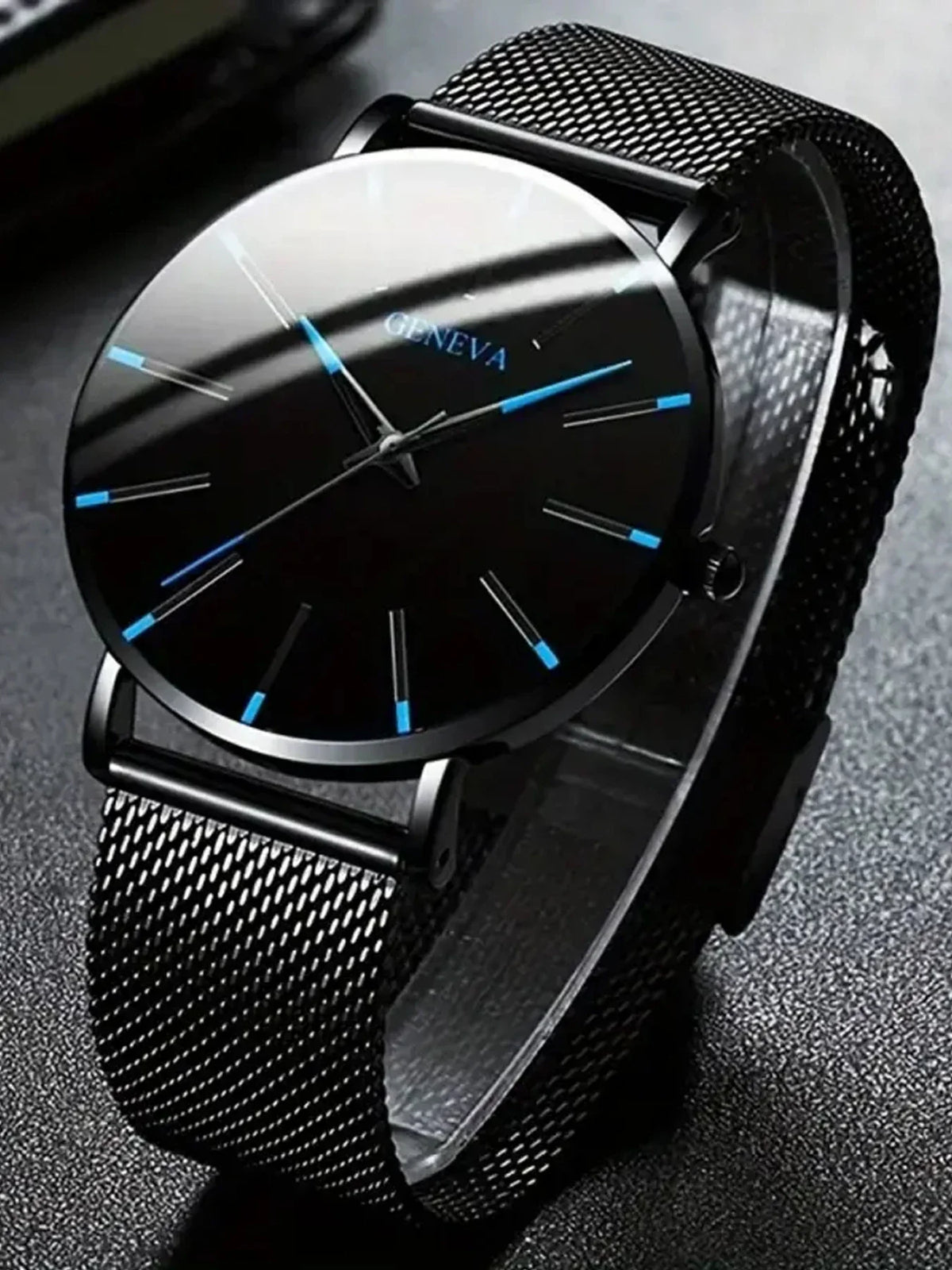 Geneva Mesh Band Watch, Cross Necklace & Textured Ring Set for Men Men's Jewelry Set Qme