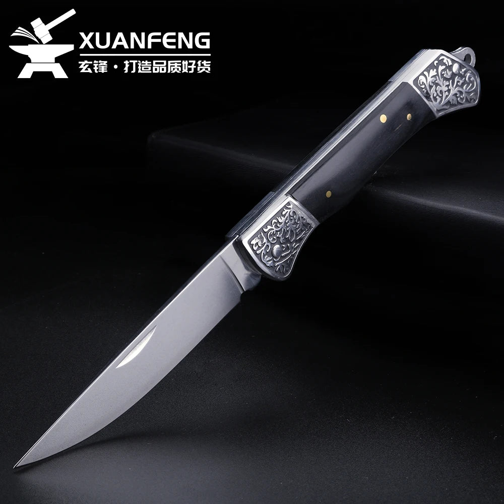 XUAN FENG Damascus Folding Knife – Wooden Handle Outdoor Blade Folding Pocket Knife Qst black