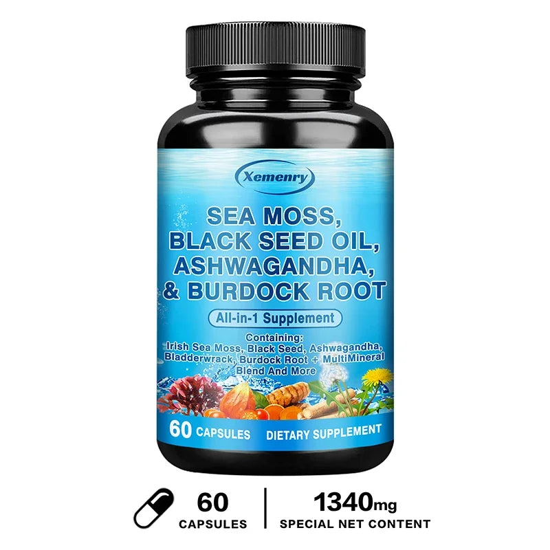 Sea Moss, Black Seed Oil, Ashwagandha & Burdock Root Capsules Herbal Supplement Qst 60 Capsules