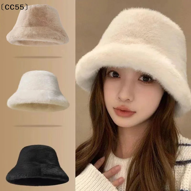 Women's Winter Plush Bucket Hat – Fluffy Windproof Fisherman Cap Winter Bucket Hat Qst