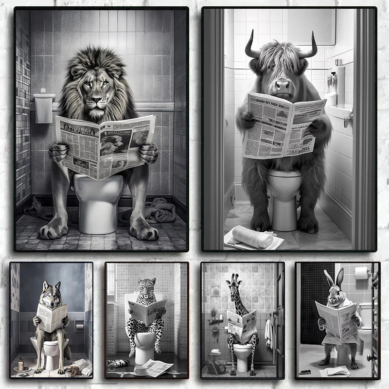 Funny Animal Toilet Canvas Wall Art – Bathroom Humor Poster Canvas Wall Art Qst