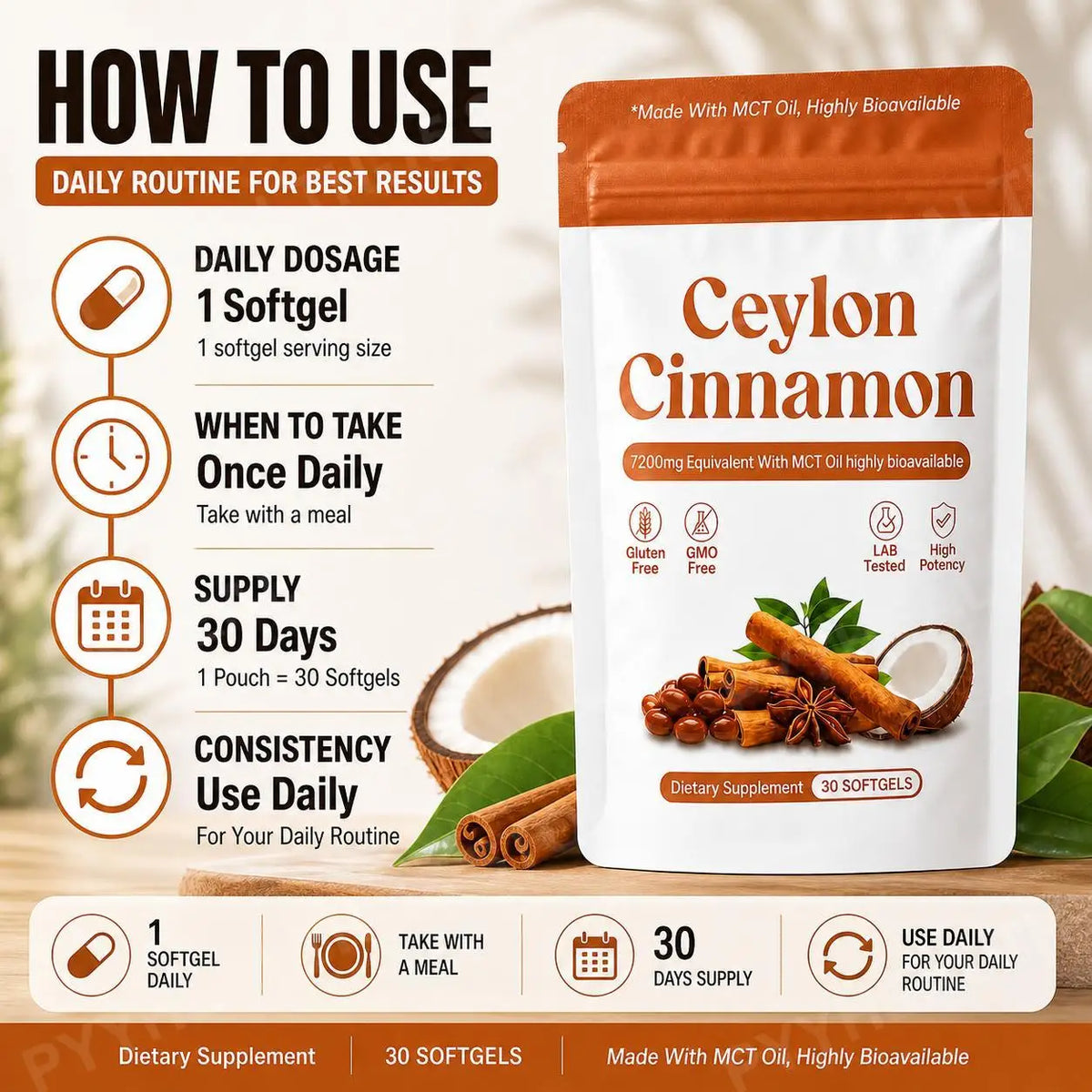 Ceylon Cinnamon Extract Softgels with MCT Oil – 30 Count Herbal Supplement Qst