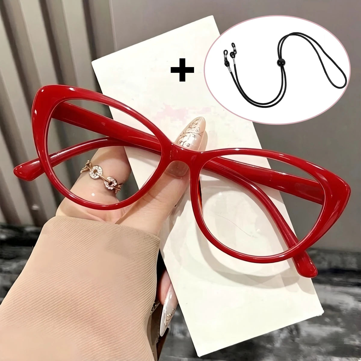 VOPHA Cat Eye Reading Glasses with Retainer Strap | L52 Cat Eye Reading Glasses Qst Red +100