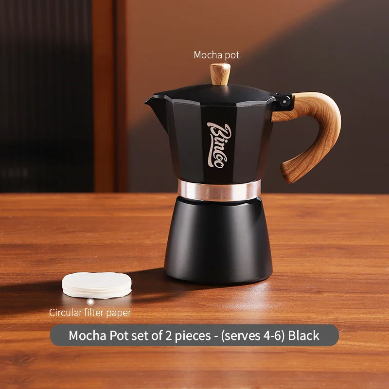 Bincoo Premium Moka Pot & Espresso Machine Set for Home Espresso Brewing Set Qst Black 6-cup 2pcs