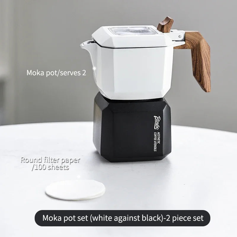 Bincoo Dual Valve Moka Pot Set with Hand Grinder & Filters Moka Pot Coffee Set Qst White Black