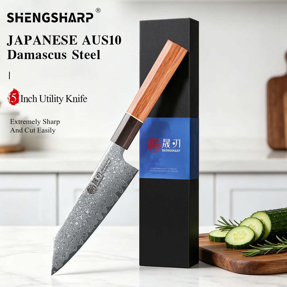 SHENGSHARP 5" Damascus Steel Utility Knife – Japanese Handle Kitchen Utility Knife Qst