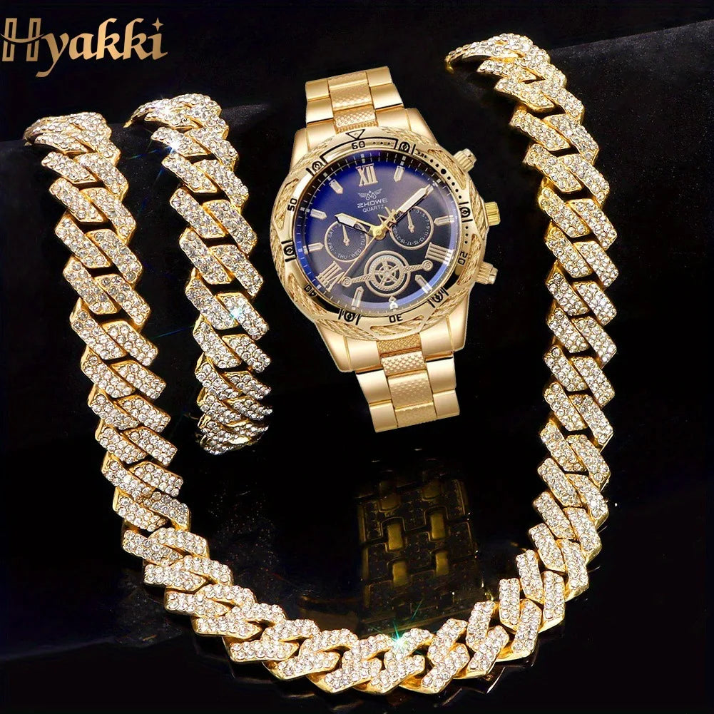 Men's Gold Iced Out Chronograph Watch & Cuban Link Chain Set Jewelry Watch Set Qme Bronze