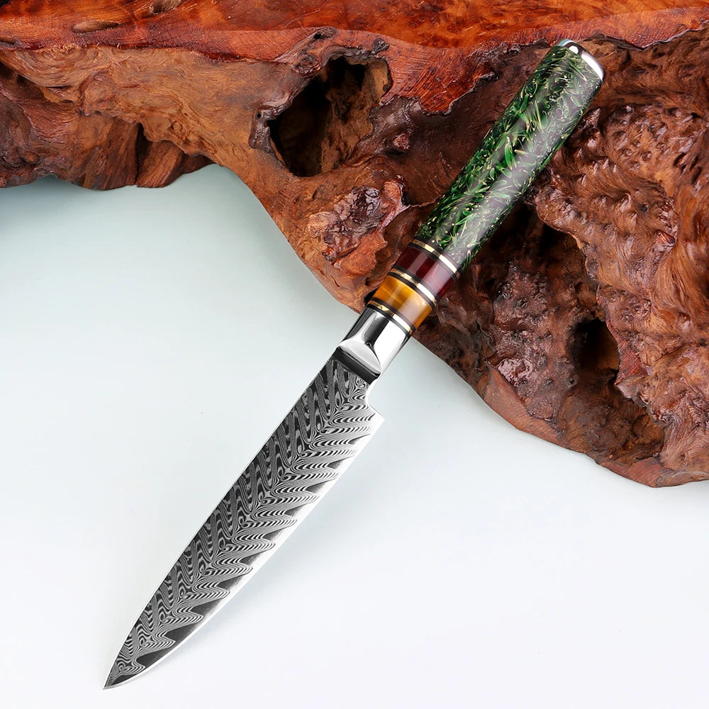 5-Inch Damascus Steel Utility Knife – Rice Husk Resin Handle Utility Kitchen Knife Qst