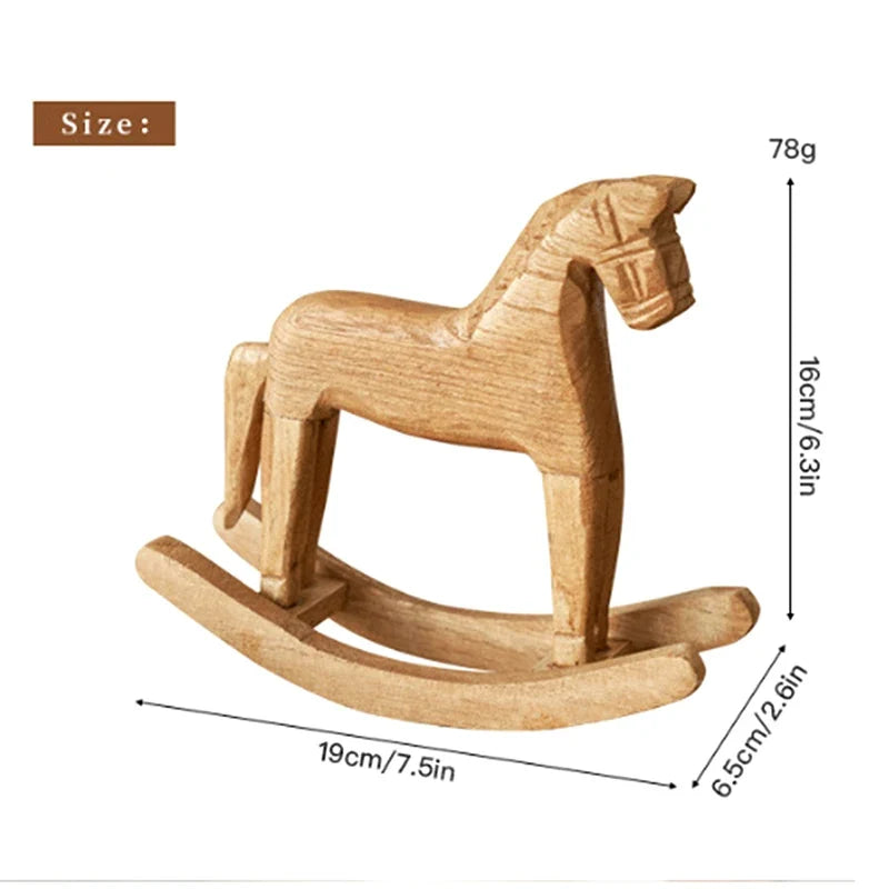 Wooden Rocking Horse Statue – Hand-Carved Figurine Decor Wood Figurine Decor Qme A