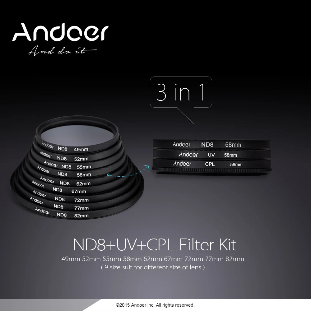 Andoer 72mm UV CPL ND8 Lens Filter Kit for DSLR Cameras Camera Lens Filter Kit Qst