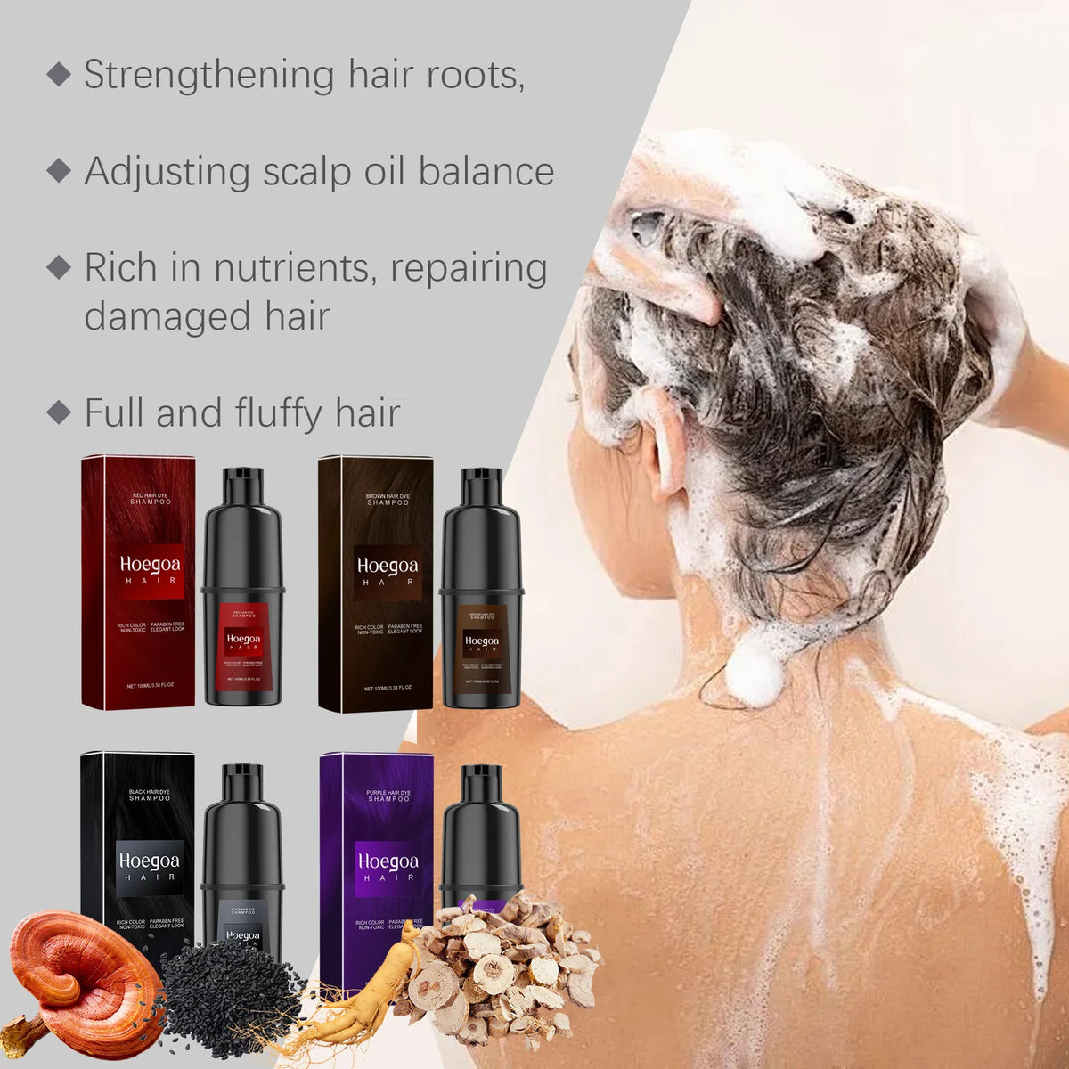 HOEGOA Herbal Hair Dye Shampoo – Black Brown Red Purple Hair Dye Shampoo Qst