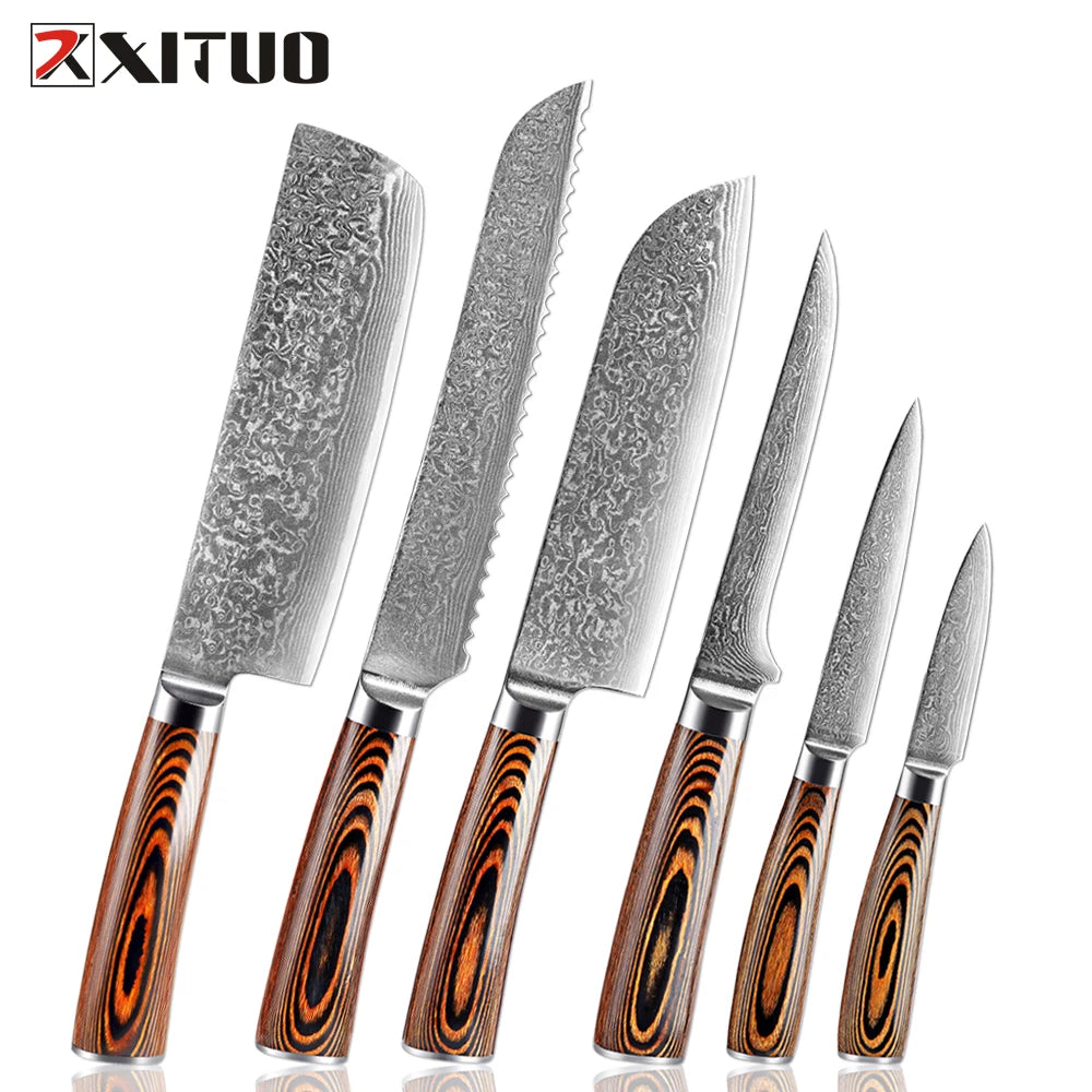 XITUO Damascus Steel Kitchen Knife Set – Colored Wood Handle Kitchen Knife Set Qst 6PCS Knife