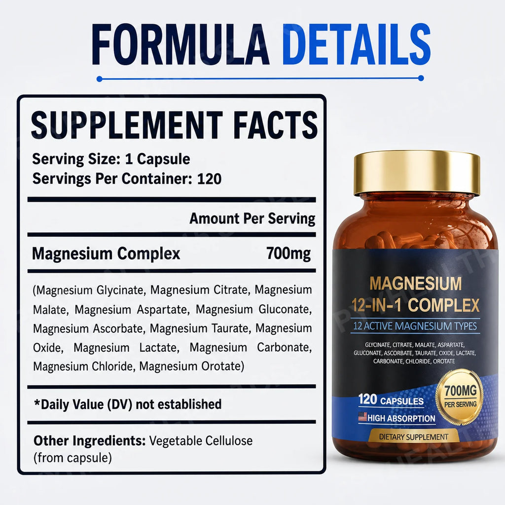 12-in-1 Magnesium Complex 700mg Vegan Capsules – 120 Count Magnesium Supplement Qst