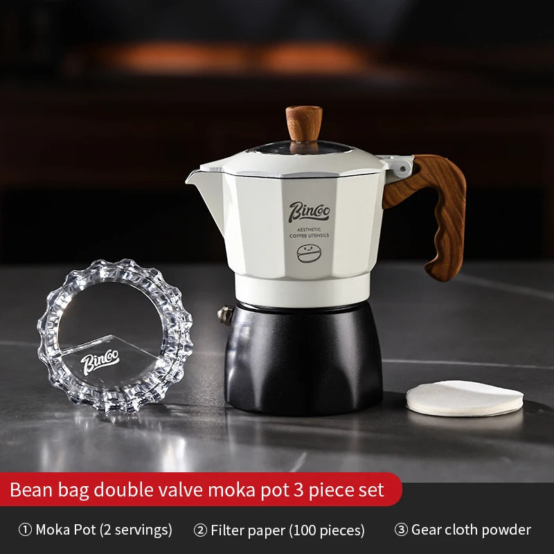 Bincoo Dual Valve Moka Pot Set with Heater – Portable Espresso Moka Pot Set Qst White Black 3pcs