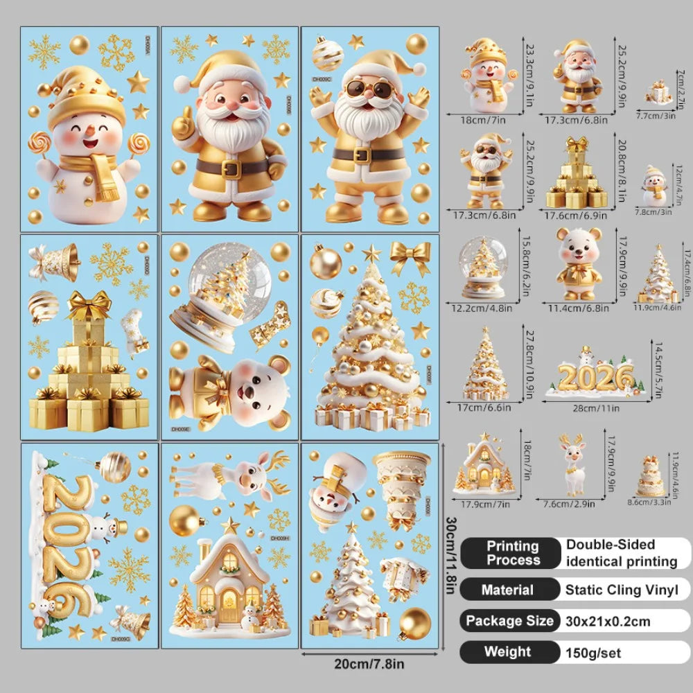 Golden Santa Snowman Reusable Static Cling Window Decals Christmas Window Clings Qme 9Pcs