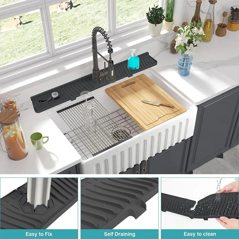 Silicone Sink Splash Guard Faucet Drip Catcher Mat – 75cm Sink Splash Guard Mat Qme