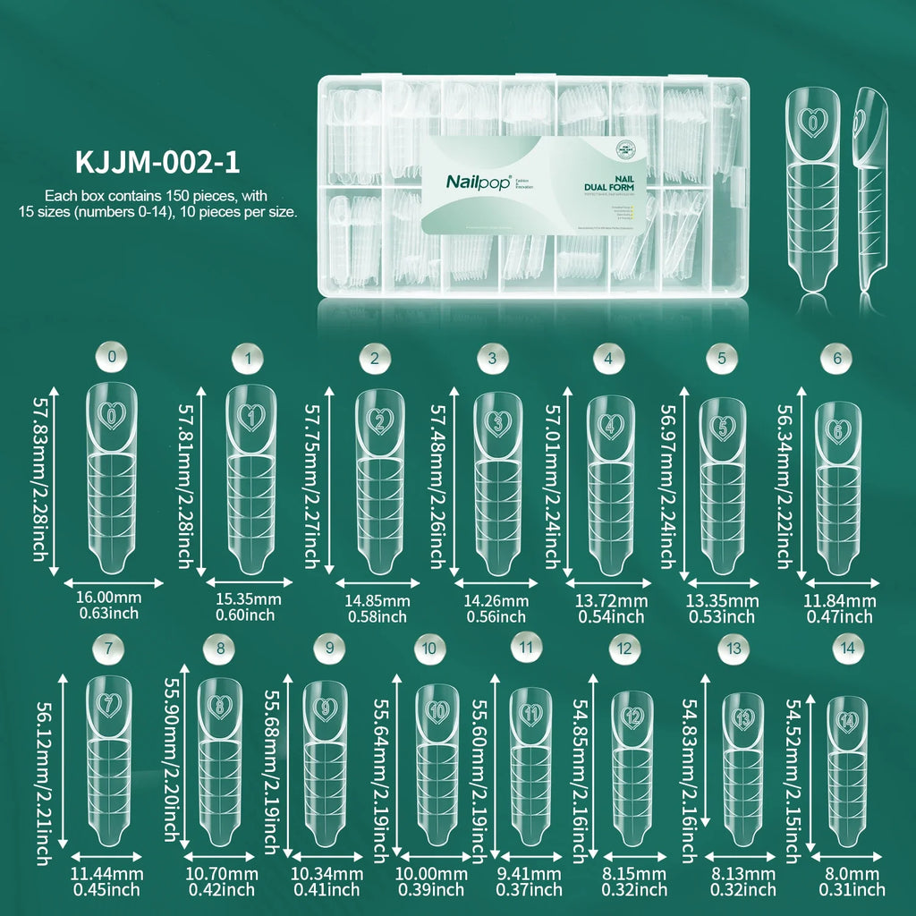 Nailpop French Dual Forms 15 Sizes Clear Nail Molds 150pcs Nail Extension Molds Qme Space-150pcs PP box