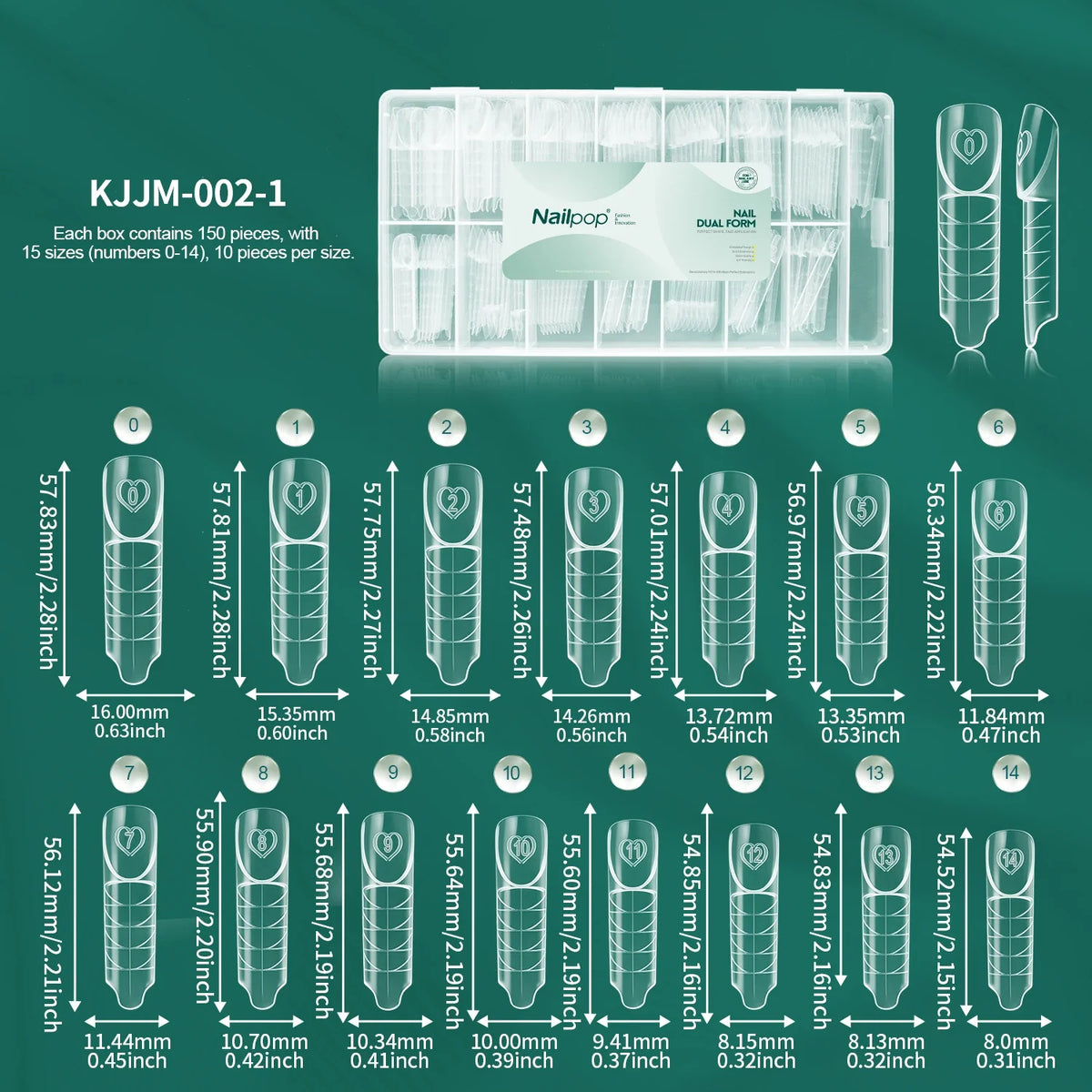 Nailpop French Dual Forms 15 Sizes Clear Nail Molds 150pcs Nail Extension Molds Qme Space-150pcs PP box
