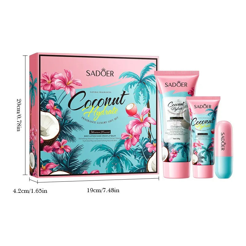 Coconut Gift Set – Hand Cream, Body Lotion & Lip Balm Skincare Gift Set Qst