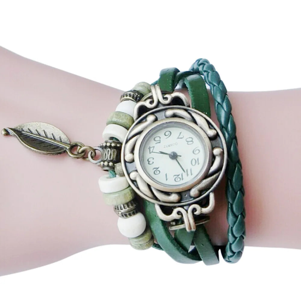 Women's Vintage Leather Wrap Bracelet Watch | Leaf Pendant Leather Bracelet Watch Qme