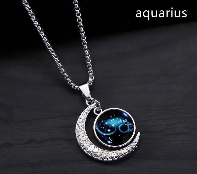 Zodiac Constellation Luminous Crescent Moon Necklace Zodiac Pendant Necklace Qme Aquarius