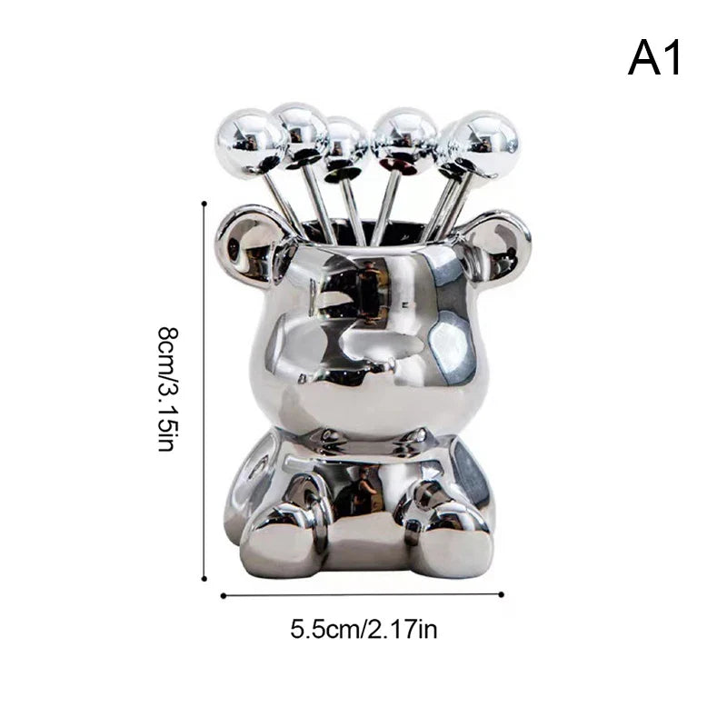 Cute Bear Stainless Steel Dessert Forks with Ceramic Storage Jar Dessert Fork Set Qme A1