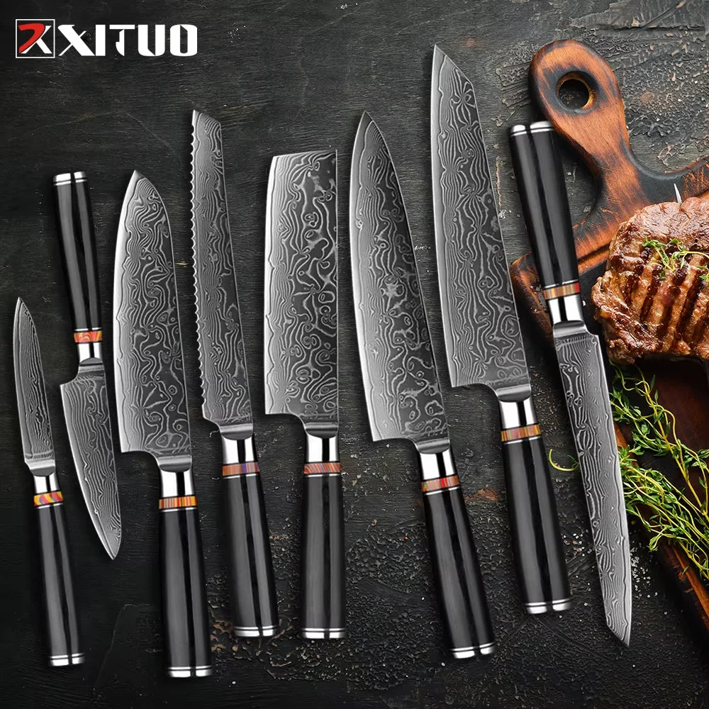 XITUO Damascus Steel Kitchen Knife Set – Santoku & Nakiri Kitchen Knife Set Qst