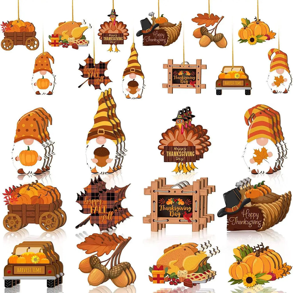 Thanksgiving Wooden Ornaments – Gnome Turkey Pumpkin Maple Leaf Seasonal Wood Ornaments Qme 12pcs M