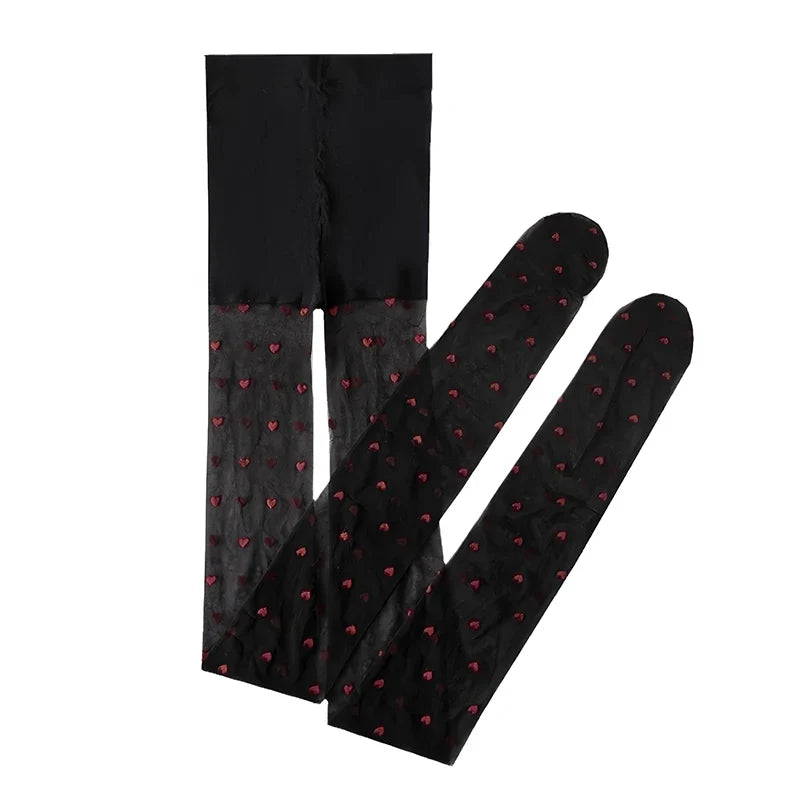 Women's Black Heart Tights Vintage Faux Tattoo Sheer Stockings Fashion Tights Qme