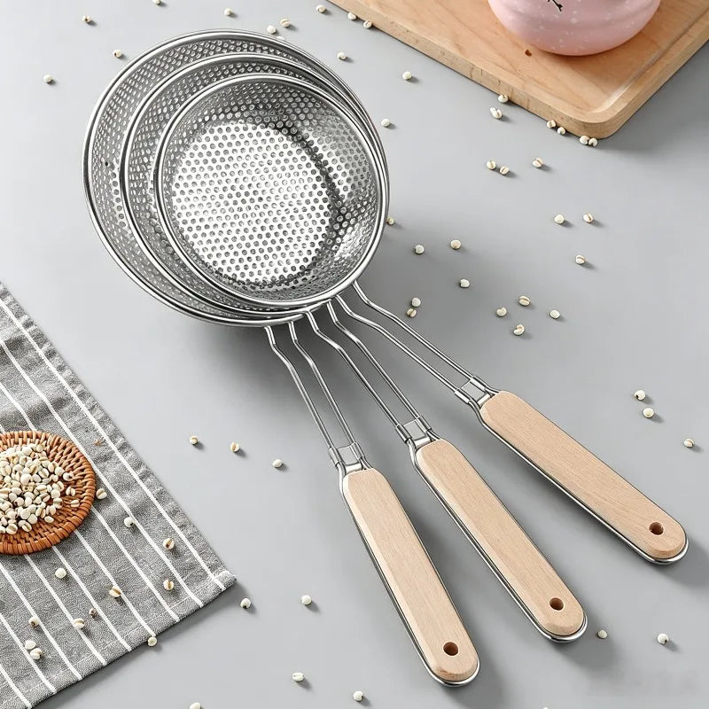 Stainless Steel Fine Mesh Skimmer Spoon with Wooden Handle Mesh Skimmer Spoon Qme