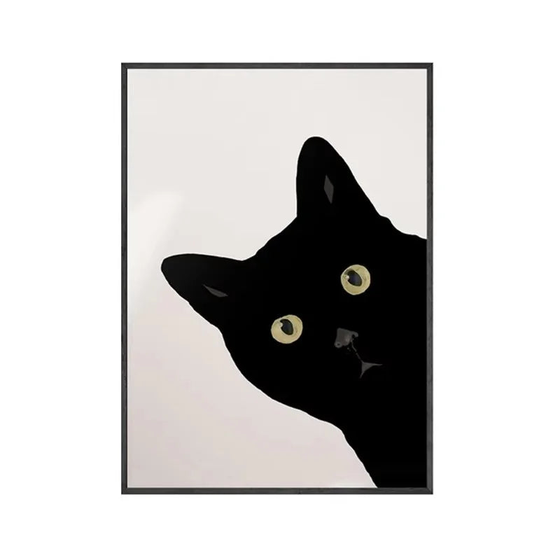 Peeping Black Cat Canvas Wall Art – Funny Minimalist Poster