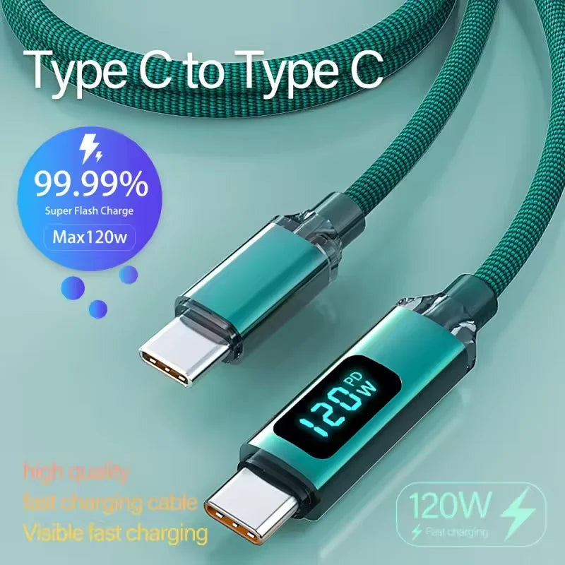 120W USB-C Fast Charging Cable | Nylon Braided & Digital Display USB-C Charging Cable Qme