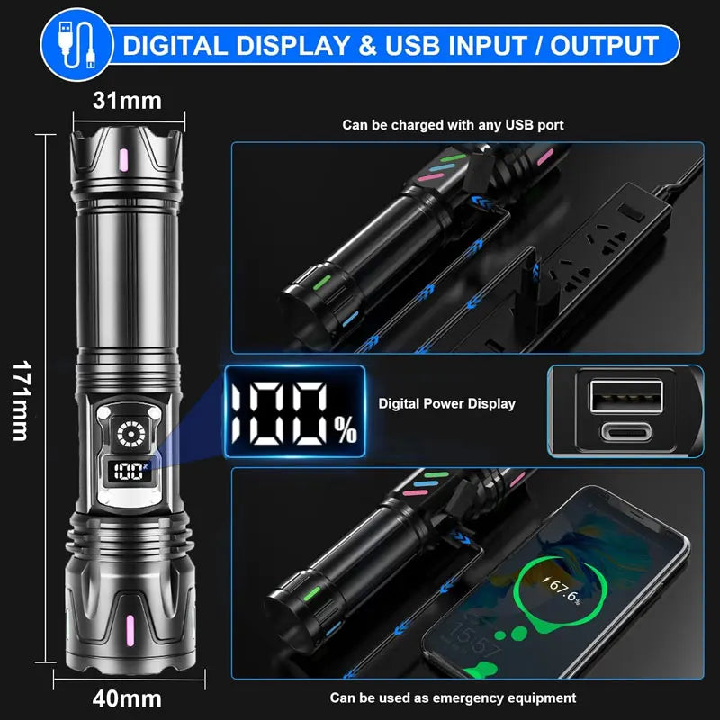 30W Rechargeable Tactical Flashlight – 5 Modes, Zoom, IP67 Tactical Flashlight Qst