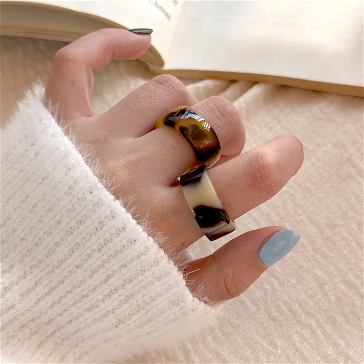 Leopard Print Amber Resin Geometric Open Ring | Adjustable Fashion Ring Qme