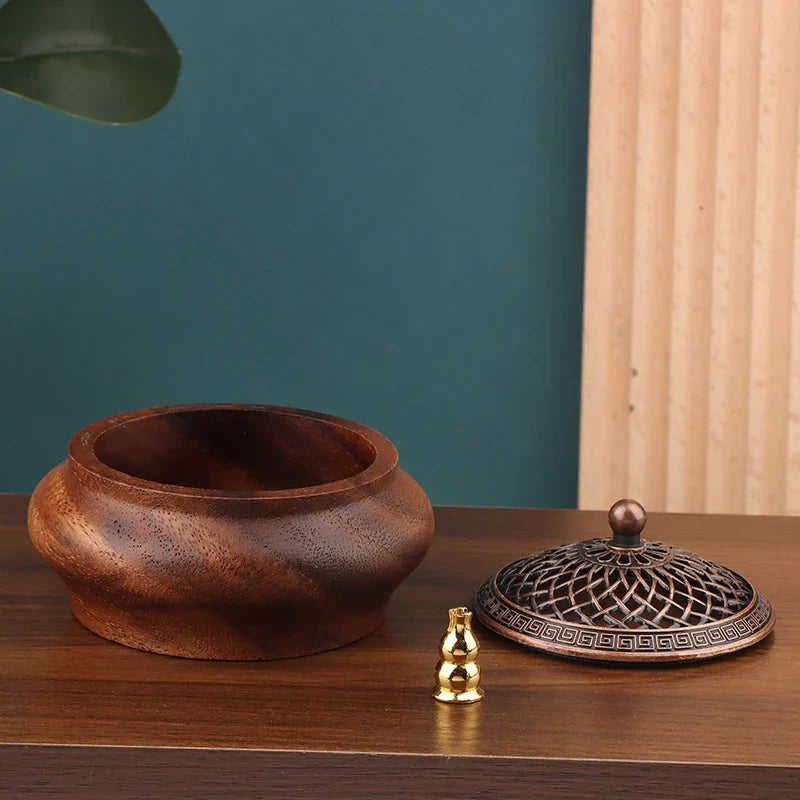 Walnut Retro Round Incense Burner – Solid Wood-Look Home Decor Incense Burner Qme
