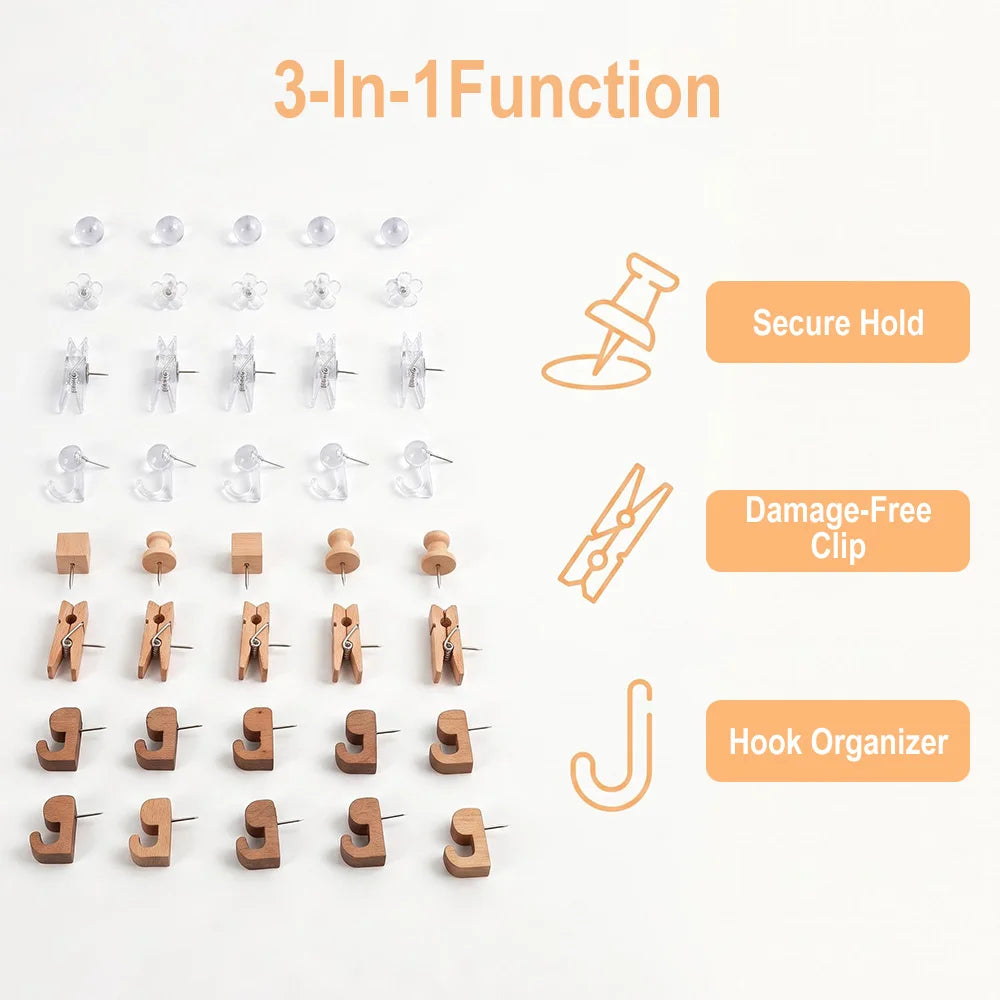 100Pcs Decorative Push Pin Clips – Wood & Transparent Plastic Decorative Push Pins Qst